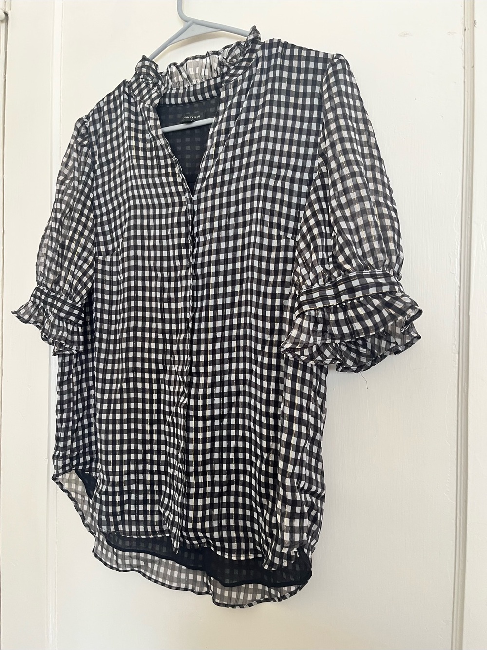 Ann Taylor Black and White Gingham Ruffled Sleeve Blouse